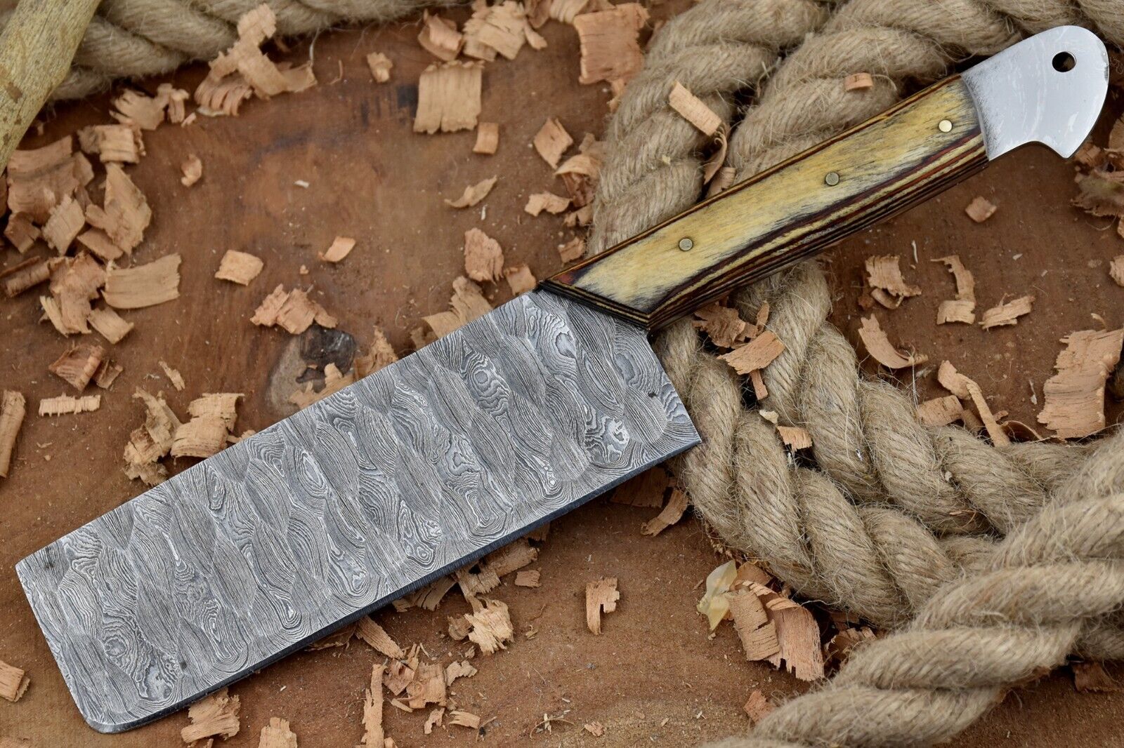 11" Custom Handmade Damascus Chef Cleaver Knife  Damascus Knife with Yellow Dollar Sheet Handle 