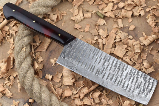 11” Custom Handmade Damascus Steel Chef Knife – Red & Black Raisin Thappa Handle