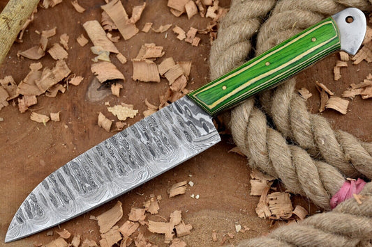 11'' Custom Handmade Damascus Steel Kitchen Chef Knife with Green & White Dollar Sheet Handle & Leather Sheath