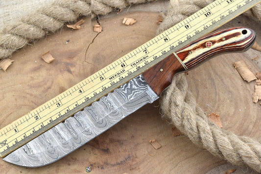 11" Custom Handmade Forged Damascus Steel Kitchen Chef Knife with Rose Wood & Dollar Sheet Handle