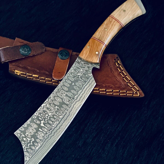 11" Custom Handmade Rain Drop Damascus Matchate Bowie Knife – Camel Bone & Wood Handle