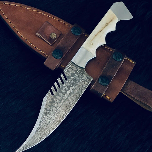 11" Custom Handmade Rain Drop Damascus Steel Bowie Knife – Camel Bone Handle with Leather Sheath