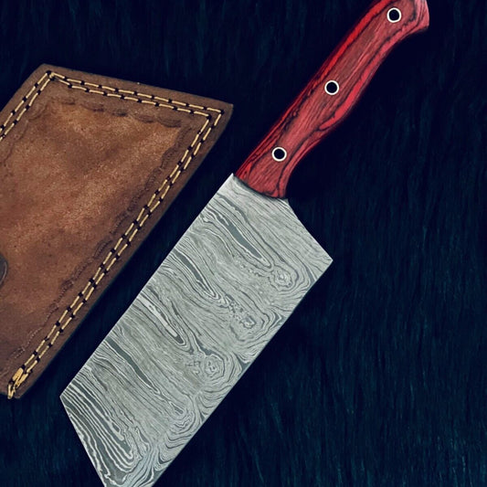 11" Custom Handmade Twist Damascus Cleaver Hunting Knife – Camel Bone & Wood Handle