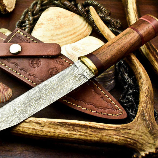 11" Damascus Bowie Hunting Knife – Walnut Wood Handle with Leather Sheath