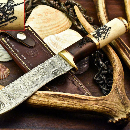 11" Damascus Bowie – Laser Etched Blade & Stained Camel Bone Handle