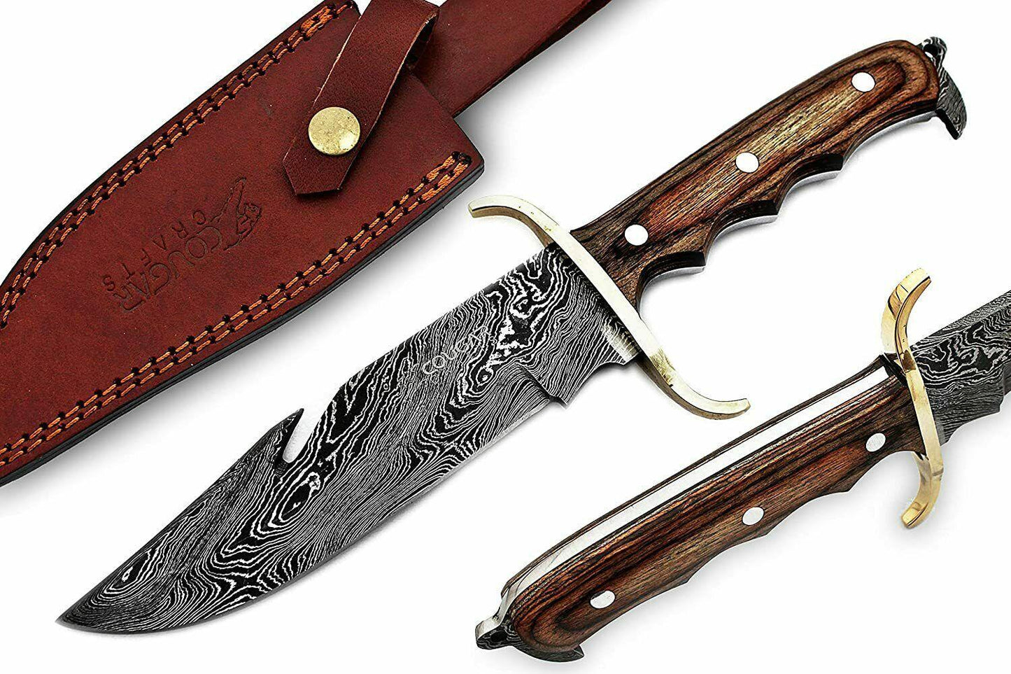 11" Damascus Gut Hook Bowie Knife | Handmade Hunting Bowie with Wood Handle