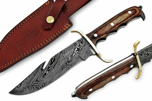 11" Damascus Gut Hook Bowie Knife | Handmade Hunting Bowie with Wood Handle