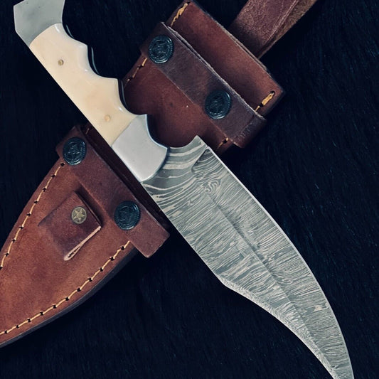 11" Fire Damascus Bowie Knife – Camel Bone Handle – Handmade Hunting Blade