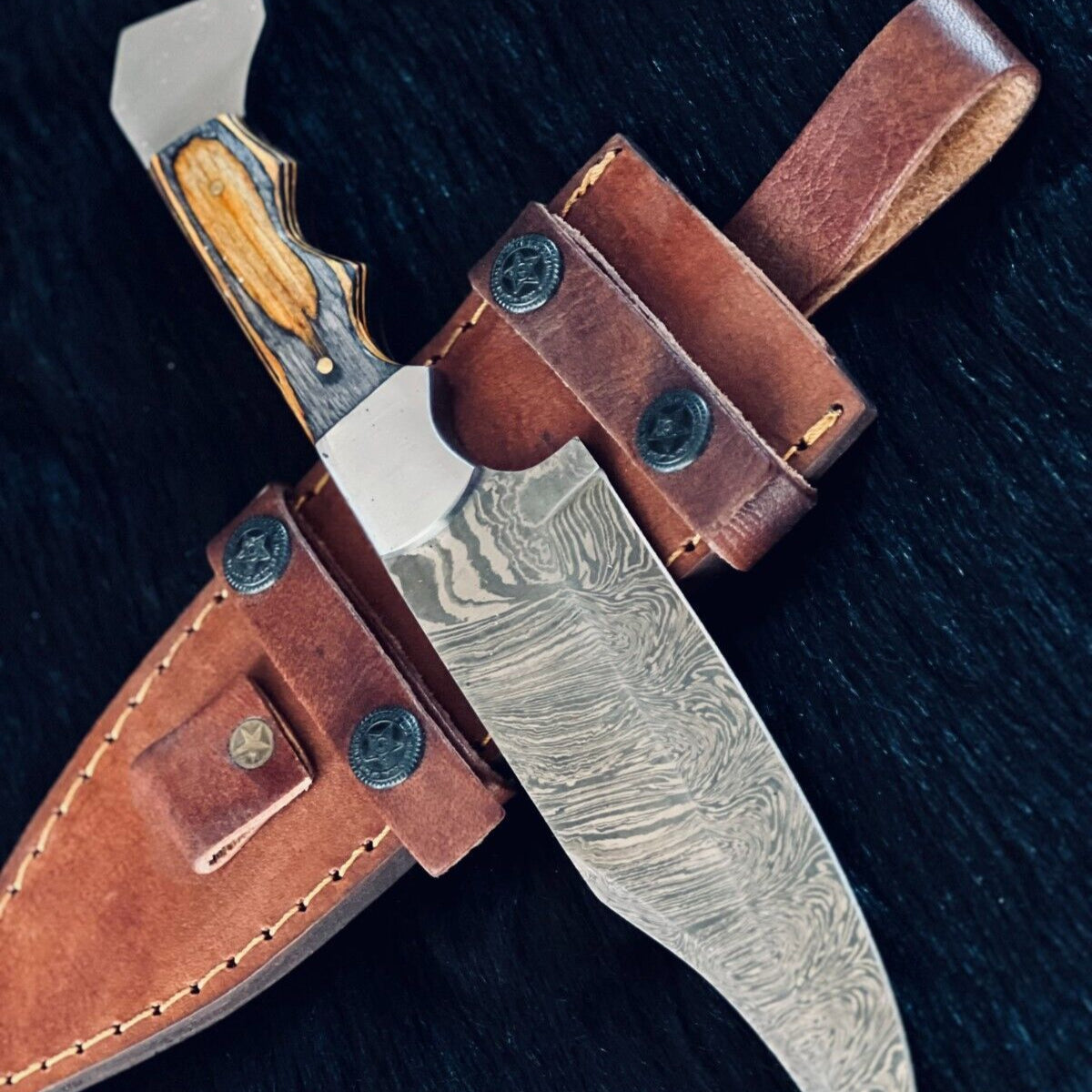 11" Fire Damascus Steel Bowie Knife –  Wood Handle with Leather Sheath