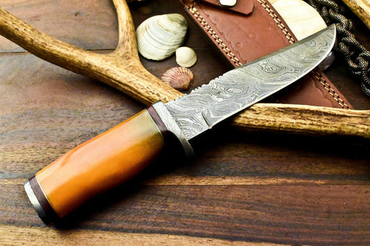 11" Hand Forged Damascus Bowie Knife Damascus Steel Knife With Camel Bone Handle & Sheath