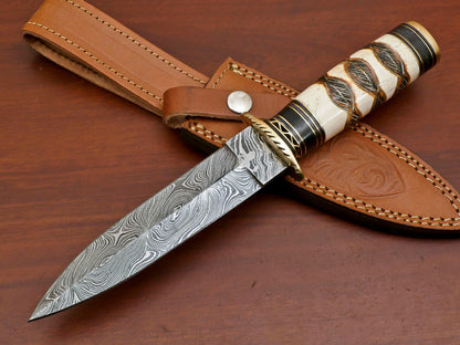 11" Hand Forged Damascus Bowie Knife Damascus Steel Knife with Pakka Wood Handle & Bone 
