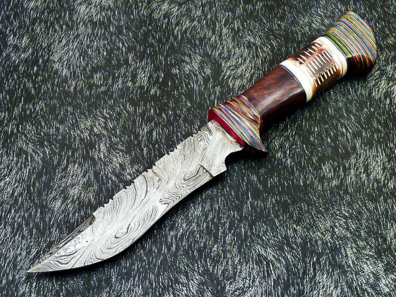 11" Hand Forged Damascus Bowie Knife damascus Steel Knife with Engraved Camel Bone Handle
