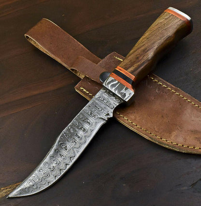 11" Hand Forged Damascus Combat Bowie Knife – Walnut Wood Handle & Leather Sheath