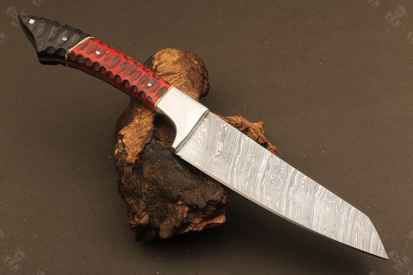 11" Hand Forged Ladder Damascus Steel Santoku Chef Knife – Camel Bone & Wood Handle