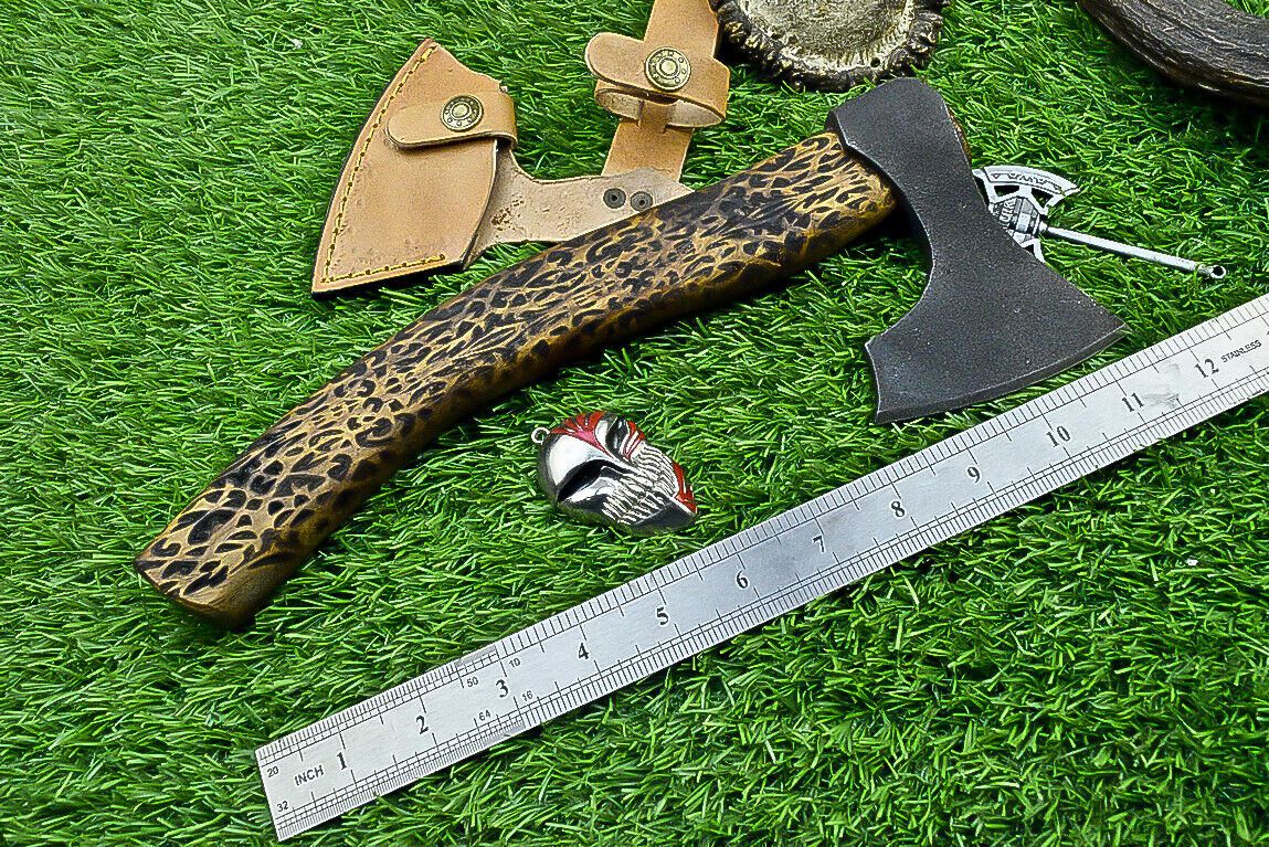11" Hand Forged Viking Tomahawk Axe Carbon Steel Axe with Rosewood Handle & Leather Sheath
