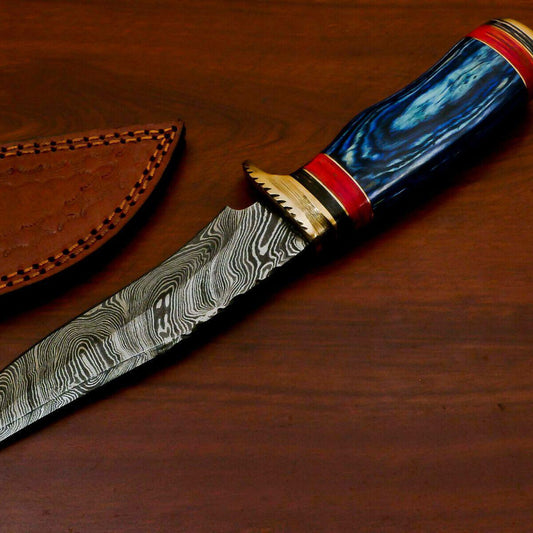 11" Handmade Damascus Bowie Hunting Knife | Pakka Wood Handle & Brass Guard
