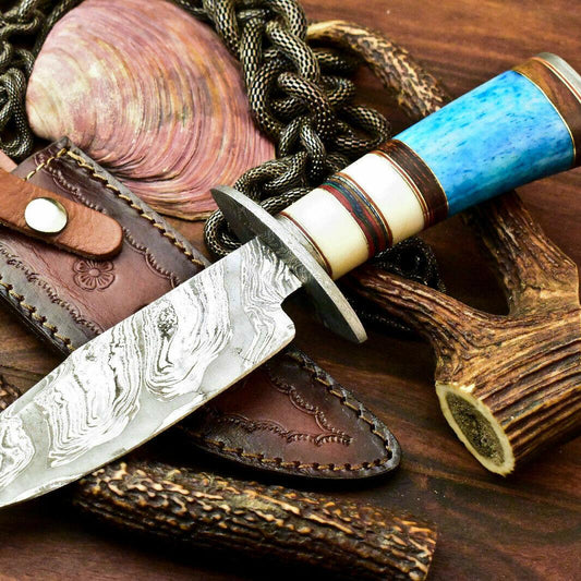 11" Handmade Damascus Bowie Hunting Knife | Stained Camel Bone Handle