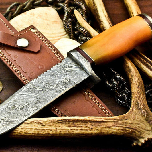 11" Handmade Damascus Bowie Knife – Camel Bone Handle with Leather Sheath