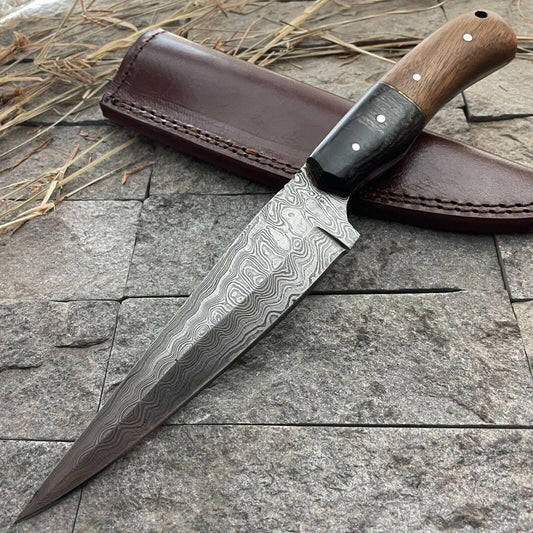 11" Handmade Damascus Bowie Knife Damascus Steel Knife With Wooden Handle & Sheath