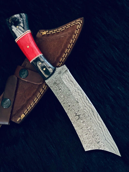 11" Handmade Damascus Bowie Knife Damascus Steel Knife with Camel Bone & Wood Handle