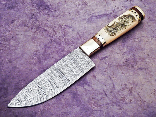 11" Handmade Damascus Chef Knife – Camel Bone Scrimshaw Handle – Bushcraft EDC
