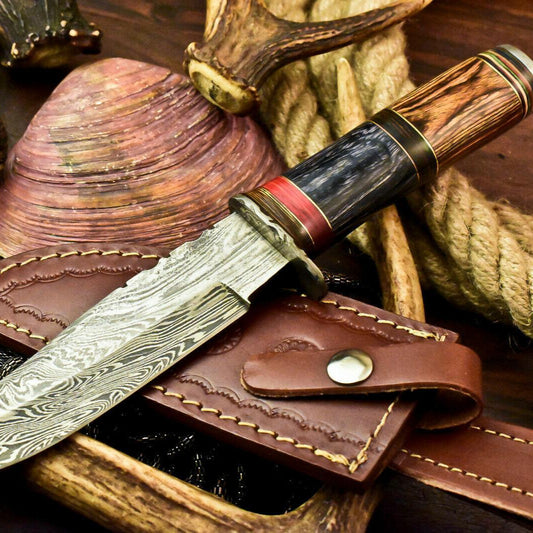 11" Handmade Damascus Steel Bowie Knife – Hardwood Handle & Leather Sheath