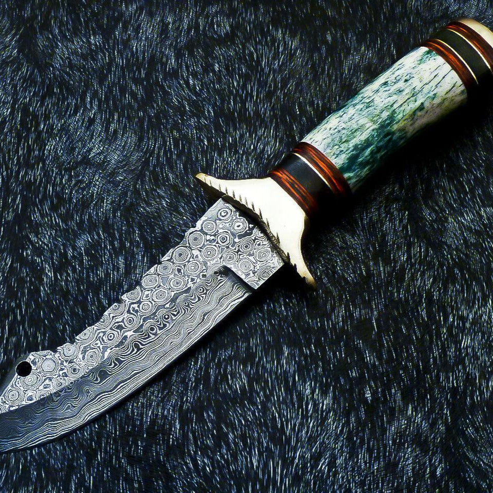 11" Handmade Damascus Steel Bowie Knife – Stained Bone & Hardwood Handle with Leather Sheath