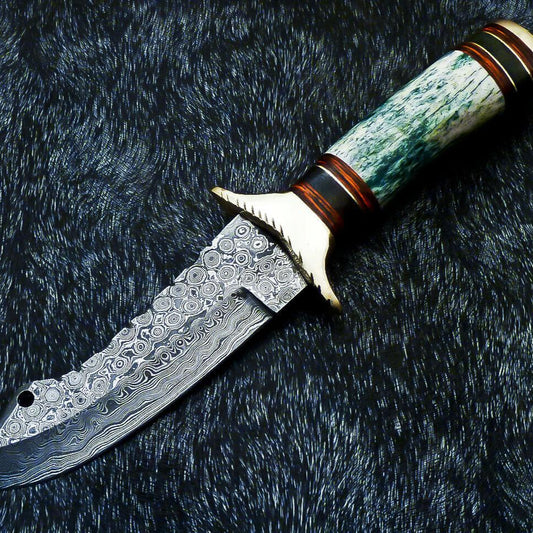 11" Handmade Damascus Steel Bowie Knife – Stained Bone & Hardwood Handle with Leather Sheath