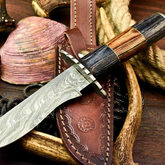 11" Handmade Damascus Steel Bowie Knife – Walnut Wood Handle & Leather Sheath