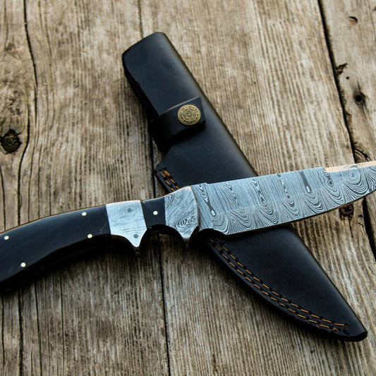 11" Handmade Damascus Steel Bowie Knife | Water Buffalo Horn Handle & Leather Sheath
