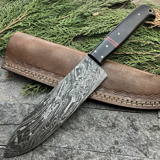 11" Handmade Damascus Steel Hunting and Kitchen Chef Knife with Leather Sheath – Hand-Forged, Sharp Blade