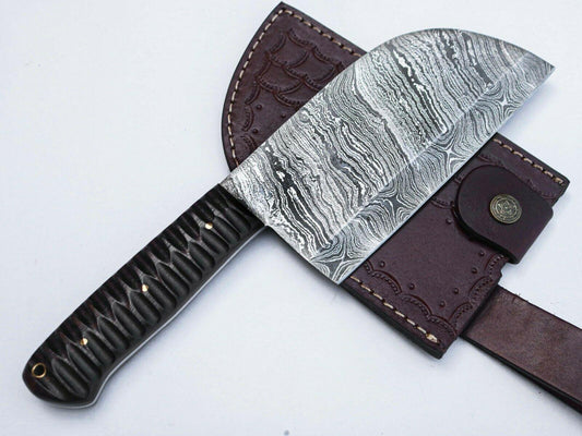 11" Handmade Damascus Steel Serbian Chef Cleaver Chopper Knife with Leather Sheath

