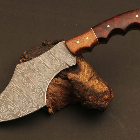 11" Handmade Ladder Damascus Steel Kukri Bowie Hunting Knife – Natural Wood Handle