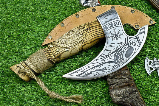 11” Handmade Steel Axe Viking Tomahawk Axe with Ash Wood Handle & Leather Sheath