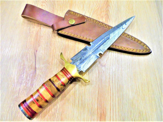 11 Inch Custom Damascus Steel Double Edge Bowie Dagger with Olive Wood Handle