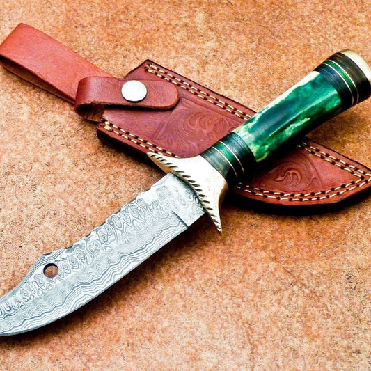  11 Inch Damascus Hunting Knife with Dyed Camel Bone and Brass Bolster