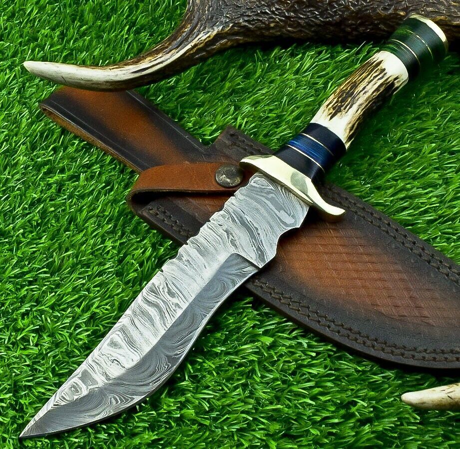 11 Inch Damascus Steel Bowie Knife with Stag Horn and Hardwood Handle