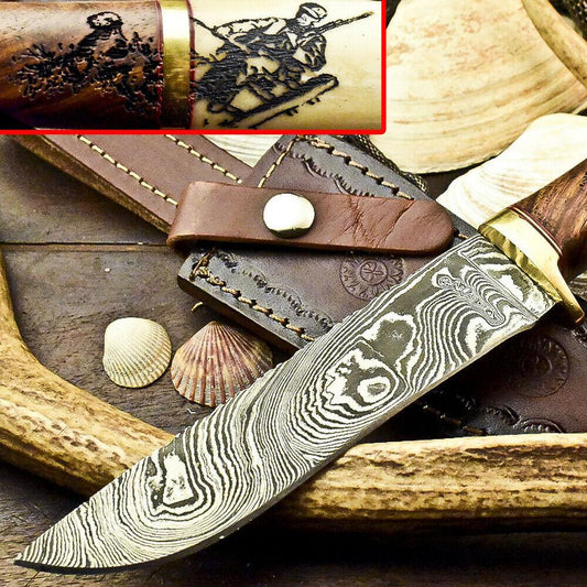 11" Laser Etched Damascus Bowie Knife | Camel Bone Handle + Sheath