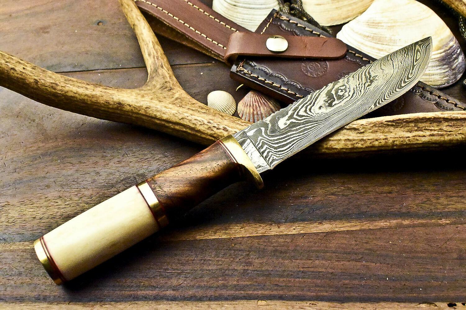 11" Premium Damascus Steel Knife Damascus Bowie Knife With Camel Bone Handle & Sheath