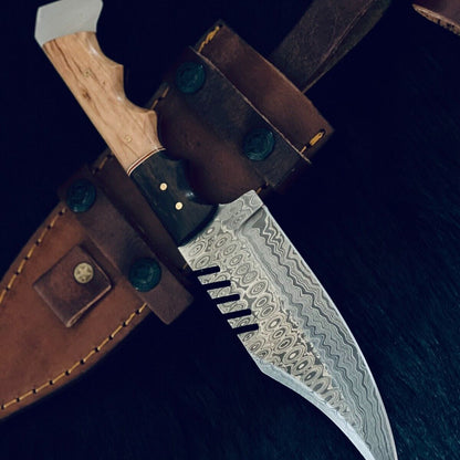 11" Rain Drop Damascus Bowie Knife – Camel Bone & Wood Handle