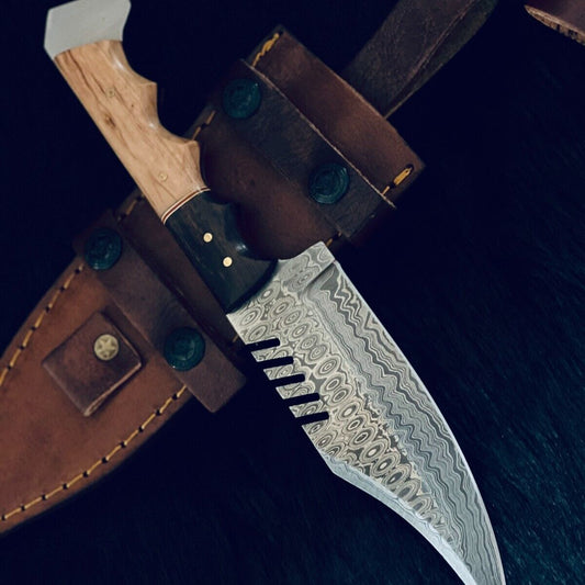 11" Rain Drop Damascus Bowie Knife – Camel Bone & Wood Handle