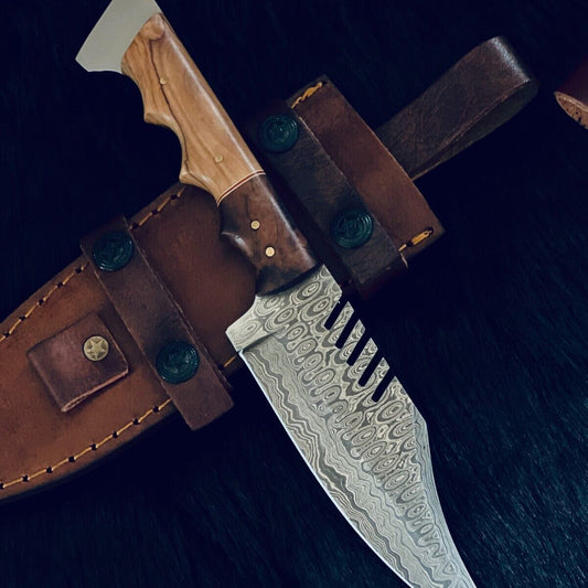 11" Rain Drop Damascus Steel Bowie Hunting Knife – Camel Bone & Wood Handle