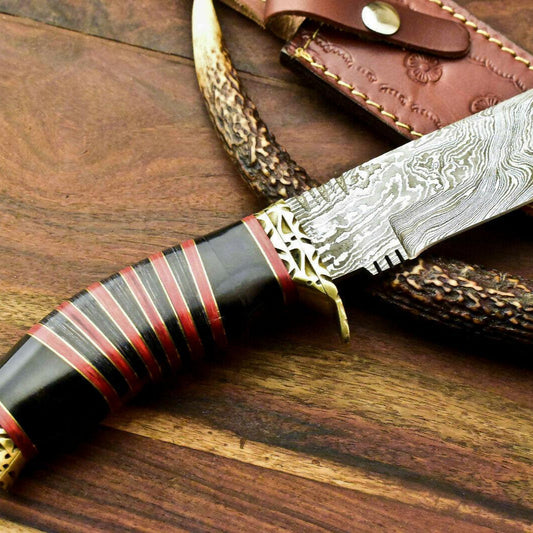 11" Rare Handmade Damascus Bowie Hunting Knife | Hard Wood Handle