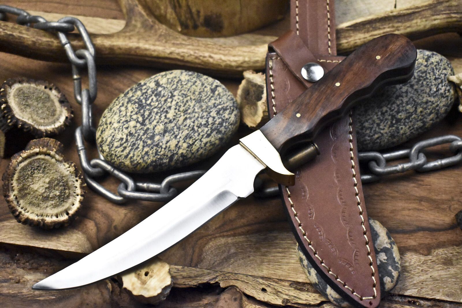 11" Skinner Knife AUS-8 Steel Walnut Wood Handle Brass Guard with Leather Sheath