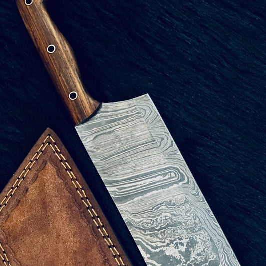 11" Twist Damascus Cleaver Bowie Knife –  Wood Handle
