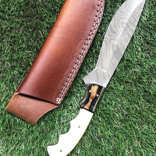 11" Twist Damascus Steel Bowie Knife with Bone Handle  Hunting Blade