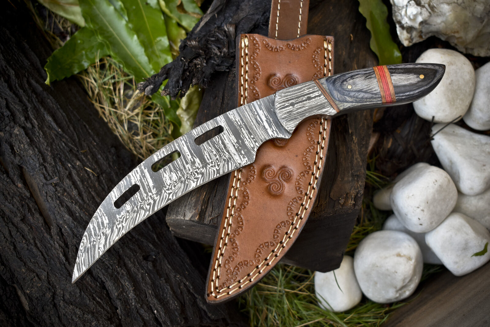 11 in Custom Twist Damascus Skinner Knife with Hardwood Handle and Wooden Bolster