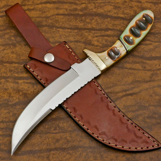 12-Inch D2 Steel Full Tang Bowie Hunting Knife with Camel Bone Handle