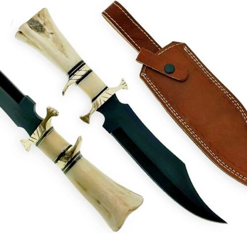 12.0" Damascus Bowie Knife Damascus Steel Knife with Camel Bone Handle & Leather Sheath
