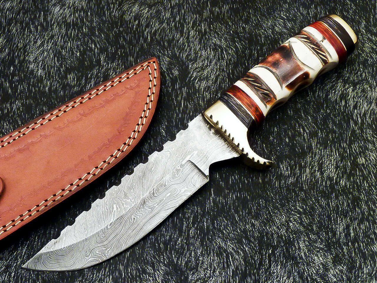12.0" Hand Forged Damascus Bowie Knife Damascus Steel Knife with Camel Bone Handle & Sheath